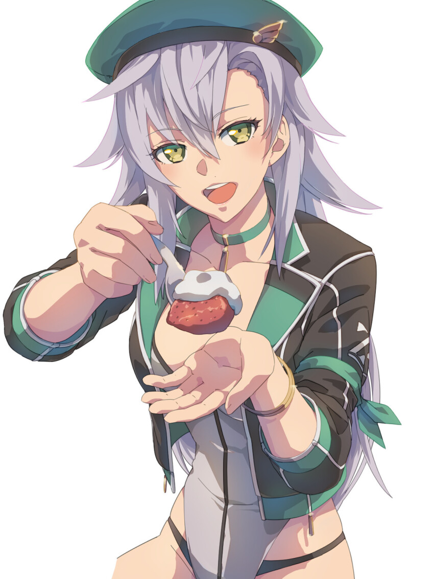 1girl bracelet breasts chiharu_(9654784) choker cleavage_cutout clothing_cutout curtained_hair eiyuu_densetsu fie_claussell food front_zipper fruit green_hat hat highres holding holding_spoon ice_cream indoors jewelry kuro_no_kiseki kuro_no_kiseki_(series) kuro_no_kiseki_i kuro_no_kiseki_ii large_breasts leotard long_hair looking_at_viewer parted_bangs pov race_queen simple_background sitting smile solo spoon strawberry white_background white_hair zipper zipper_leotard