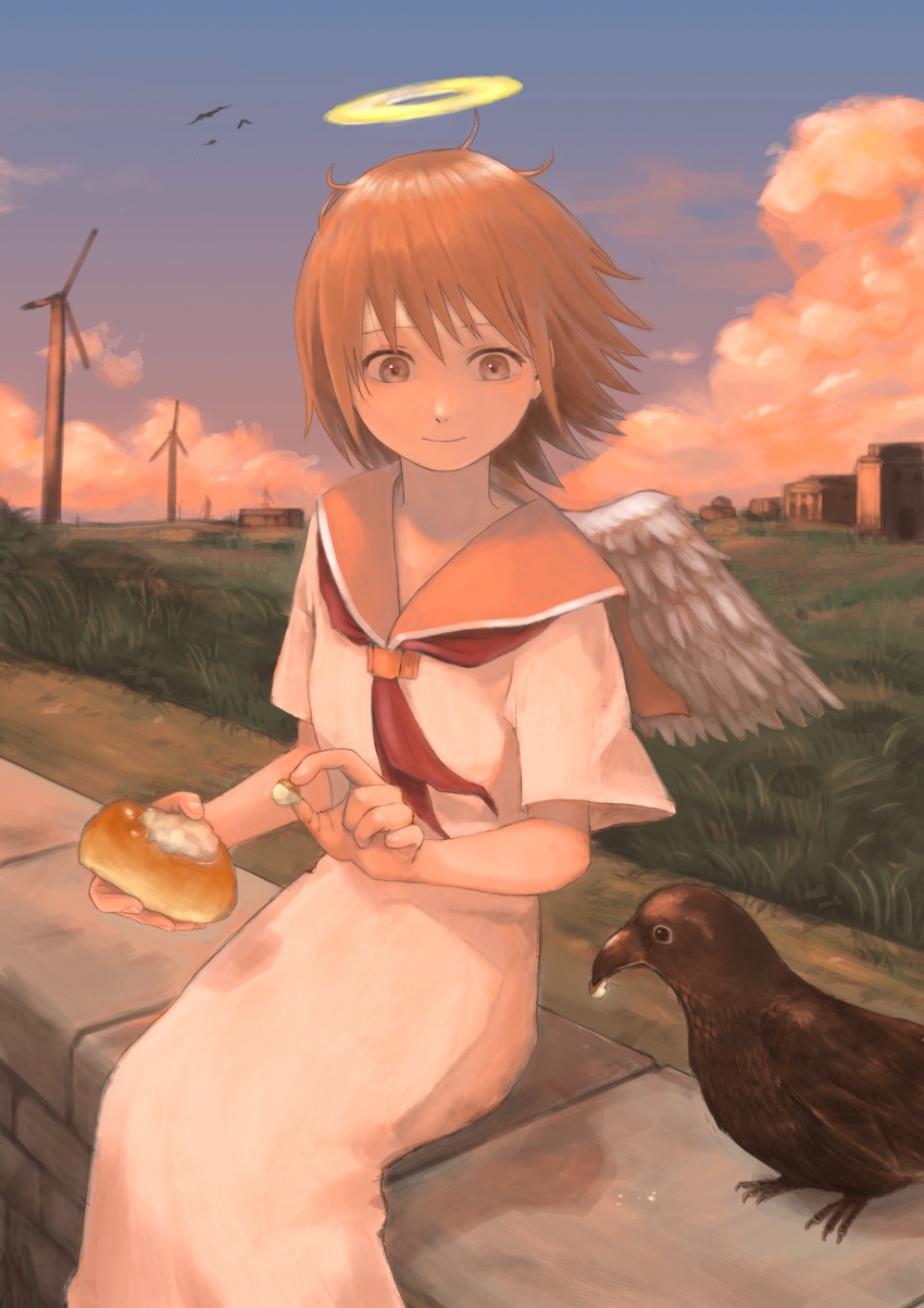 1girl absurdres angel angel_wings animal bird bird_feeding bread brown_eyes brown_hair closed_mouth cloud cloudy_sky commentary crow dress dusk eye_reflection feathered_wings feeding feet_out_of_frame food grey_wings haibane_renmei halo highres holding holding_food looking_at_animal neckerchief orange_sailor_collar outdoors plain rakka_(haibane) red_neckerchief reflection sailor_collar short_sleeves sitting sitting_on_wall sky smile solo static_cling three_quarter_view traditional_halo white_dress wind_turbine windmill wings yasu_(shijimi_8)