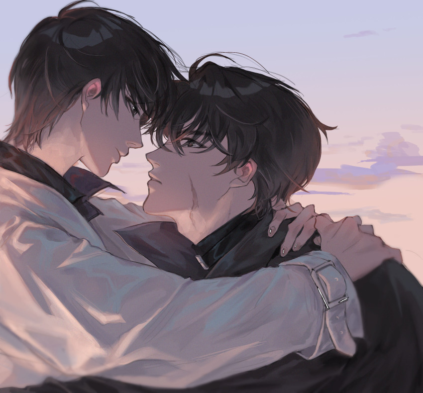 2boys black_coat black_hair closed_mouth cloud coat expressionless eye_contact gradient_sky highres hug kim_dokja long_sleeves looking_at_another male_focus multiple_boys omniscient_reader&#039;s_viewpoint outdoors scar scar_on_face short_hair sky white_coat yaoi yoo_joonghyuk z7thsin