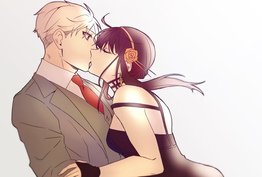 1boy 1girl bare_shoulders black_dress black_hair blonde_hair blush breasts dress earrings formal_clothes gold_earrings gold_hairband green_suit hairband hetero highres husband_and_wife jewelry kiss long_hair looking_at_another medium_breasts red_tie sidelocks spy_x_family suit tororo_sf twilight_(spy_x_family) two-sided_dress two-sided_fabric yor_briar