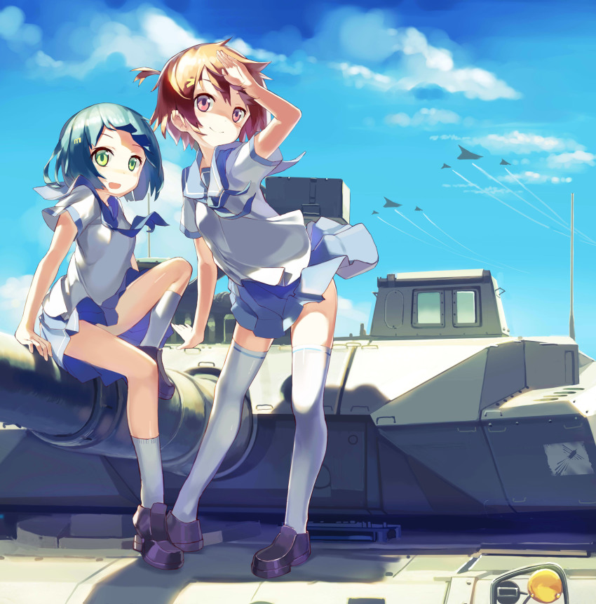 2girls absurdres active_protection_system aircraft blue_hair brown_hair cloud day graphite_(medium) green_eyes highres japan_steel_works_120 military military_vehicle motor_vehicle multiple_girls original pink_eyes school_uniform short_hair sky smile tank tank_turret traditional_media type_10_(tank) zhongye_yu