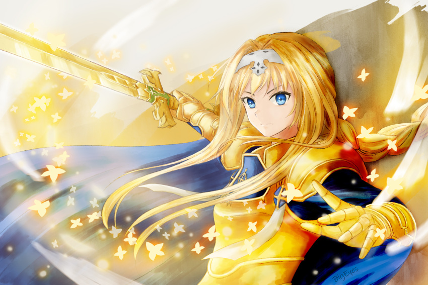 1girl alice_zuberg armor bad_id bad_pixiv_id bigeyes925 blonde_hair blue_cape blue_eyes blue_hair braid braided_ponytail breastplate cape closed_mouth floating_hair gauntlets hair_intakes hairband highres holding holding_sword holding_weapon long_hair osmanthus_blade pauldrons shoulder_armor sidelocks solo sword sword_art_online upper_body very_long_hair weapon white_hairband