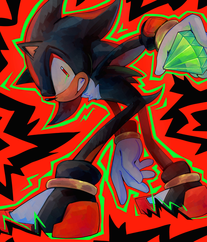 1boy black_background chaos_emerald clenched_teeth commentary english_commentary from_behind gem gloves goomyloid highres holding holding_gem male_focus red_background red_eyes shadow_the_hedgehog solo sonic_(series) teeth white_footwear white_gloves