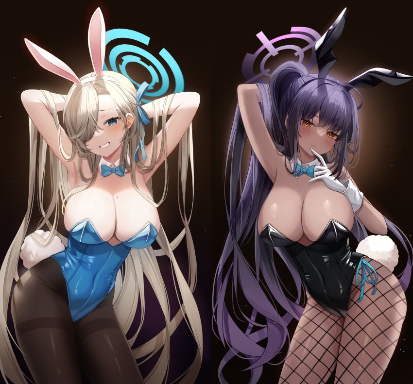 2girls animal_ears arm_up armpits arms_behind_head asuna_(blue_archive) asuna_(bunny)_(blue_archive) bad_id bad_twitter_id black_background black_hair black_leotard black_pantyhose blonde_hair blue_archive blue_bow blue_bowtie blue_eyes blue_leotard blue_ribbon blush bow bowtie breasts brown_background cleavage closed_mouth dark-skinned_female dark_skin detached_collar fake_animal_ears fake_tail finger_to_mouth fishnets gloves grin hair_flowing_over hair_over_one_eye hair_ribbon halo highres karin_(blue_archive) karin_(bunny)_(blue_archive) large_breasts leotard long_hair looking_at_viewer mole mole_on_breast multiple_girls nannung official_alternate_costume pantyhose parted_lips playboy_bunny ponytail rabbit_ears rabbit_tail ribbon smile strapless strapless_leotard tail thighs traditional_bowtie very_long_hair white_gloves