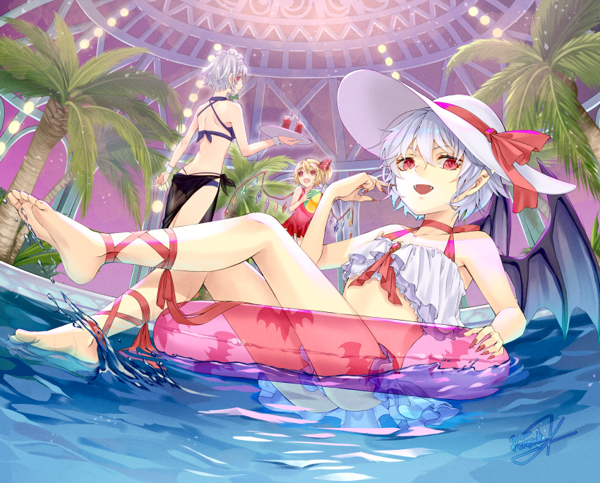 3girls ball barefoot bat_wings beachball bikini closed_mouth commentary_request crystal fangs fingernails flandre_scarlet flat_chest frilled_one-piece_swimsuit frills grey_hair highres holding holding_ball holding_beachball izayoi_sakuya leg_ribbon long_fingernails looking_at_viewer multiple_girls nail_polish one-piece_swimsuit open_mouth palm_tree pointy_ears pool purple_hair red_eyes red_innertube red_nails red_ribbon remilia_scarlet ribbon short_hair siblings sisters swimsuit touhou tree user_gcxy7887 water wings