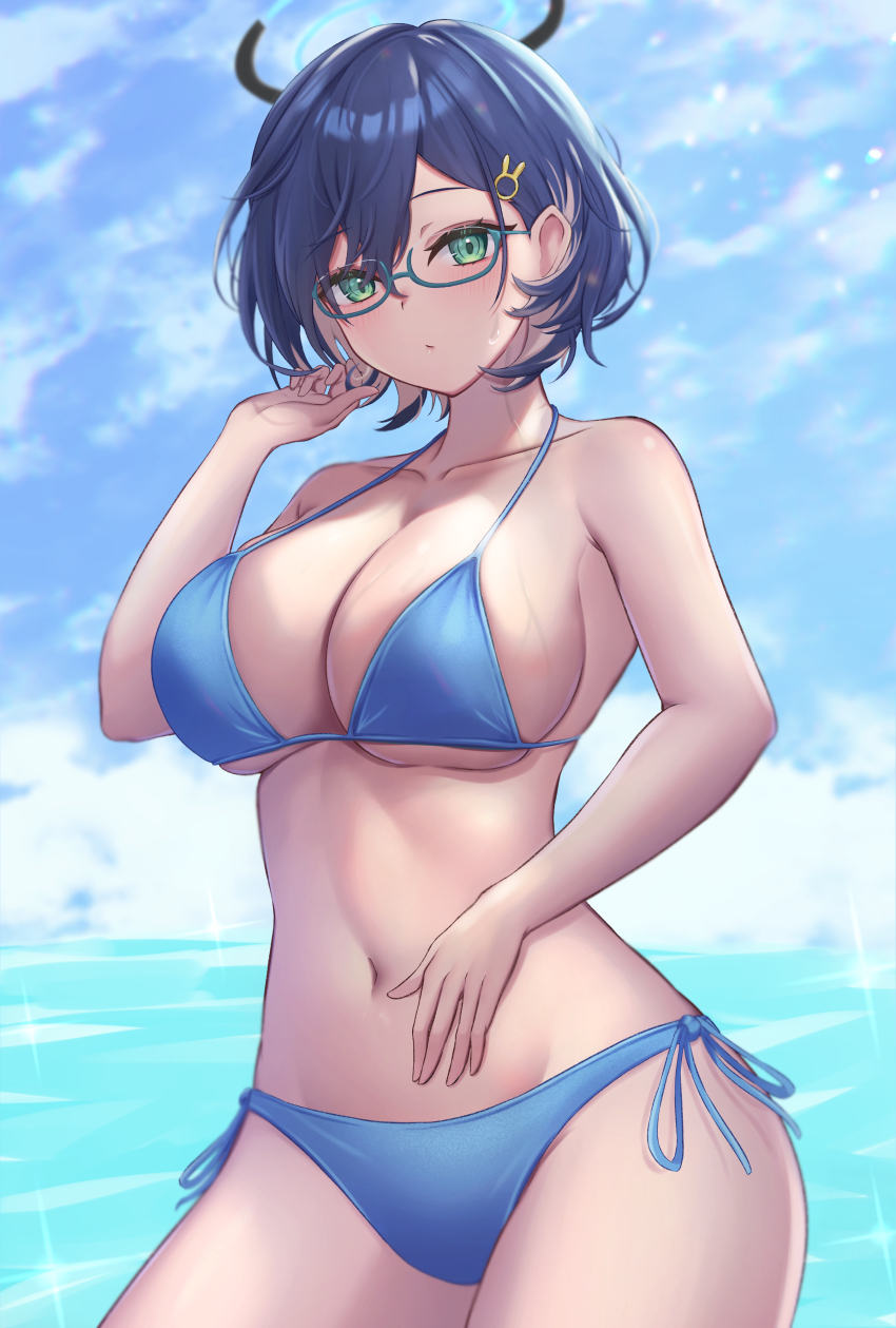 1girl absurdres aqua-framed_eyewear bare_arms bare_shoulders bikini blue_archive blue_bikini blue_hair blush breasts chihiro_(blue_archive) cleavage closed_mouth collarbone commentary glasses green_eyes hair_ornament halo halterneck hand_in_own_hair hand_on_own_stomach highres large_breasts looking_at_viewer navel neko_punch_(user_hddm3373) outdoors rabbit_hair_ornament semi-rimless_eyewear short_hair side-tie_bikini_bottom solo stomach swimsuit under-rim_eyewear