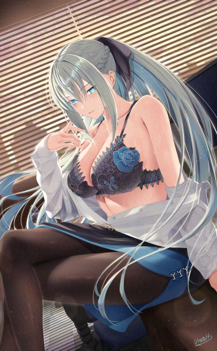 1girl absurdres bare_shoulders belt black_bow black_dress black_pantyhose black_skirt blue_eyes blush bow bra braid breasts center_opening cleavage collarbone collared_shirt commentary_request dress dress_shirt fate/grand_order fate_(series) front-hook_bra adversarial_noise grey_hair hair_bow half_up_braid highres lace lace-trimmed_bra lace_trim large_breasts long_hair long_sleeves looking_at_viewer morgan_le_fay_(chaldea_satellite_station)_(fate) morgan_le_fay_(fate) office_lady open_clothes open_mouth open_shirt pantyhose pencil_skirt ponytail shirt sidelocks skirt smile solo thighs underwear urato_hotaru very_long_hair white_belt white_shirt