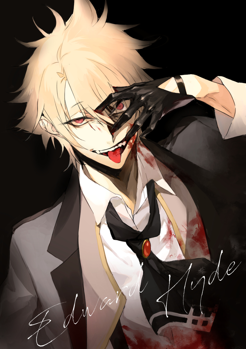 1boy absurdres arm_up ascot black_background black_gloves blonde_hair blood blood_on_clothes blood_on_face blood_on_hands brooch character_name collared_shirt commentary covering_face dutch_angle english_commentary fangs fate/grand_order fate_(series) gloves hair_between_eyes half-closed_eye half_gloves hand_on_own_face highres jacket jekyll_and_hyde_(fate) jewelry long_sleeves looking_at_viewer male_focus messy_hair open_mouth parted_bangs red_eyes seomouse shirt simple_background smile solo teeth tongue tongue_out upper_body white_shirt