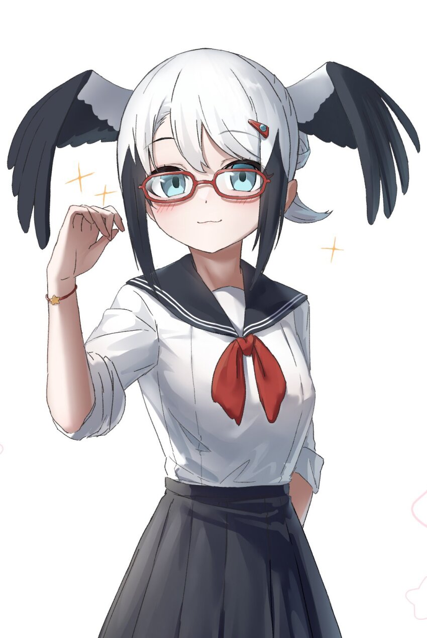 1girl :3 bird_girl bird_wings blue_eyes blush bow bowtie bracelet cowboy_shot glasses grey_hair grey_skirt hair_between_eyes hair_ornament hairclip head_wings highres jewelry kemono_friends mogurii multicolored_hair oriental_stork_(kemono_friends) pleated_skirt red-framed_eyewear red_bow red_bowtie sailor_collar shirt short_sleeves sidelocks skirt solo two-tone_hair white_hair white_shirt wings