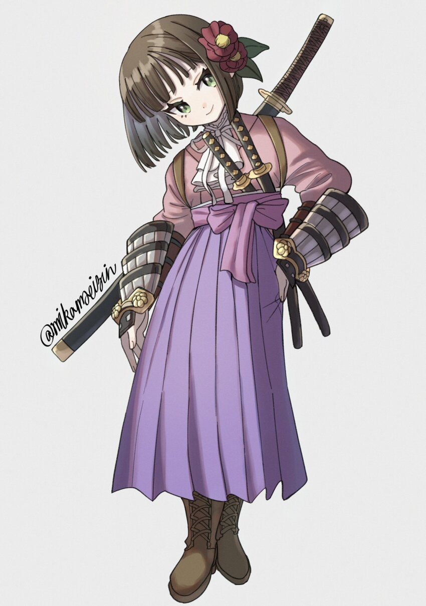 1girl armor boots brown_footwear brown_hair bushidou_(sekaiju) bushidou_4_(sekaiju) etrian_odyssey flower green_eyes hair_flower hair_ornament hakama hakama_skirt highres japanese_armor japanese_clothes katana kimono mikamseizin pink_kimono purple_hakama samurai sash sekaiju_no_meikyuu sekaiju_no_meikyuu_1 sekaiju_no_meikyuu_2 short_hair shoulder_armor signature skirt sode solo sword weapon