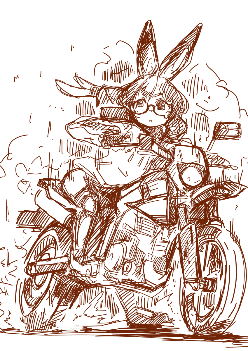 1girl absurdres dirtbike dust floating_hair glasses highres hololive hood hoodie long_hair looking_at_viewer mizukiri_fuurai monochrome motor_vehicle motorcycle roboco-san sketch solo teardrop-framed_glasses virtual_youtuber white_background