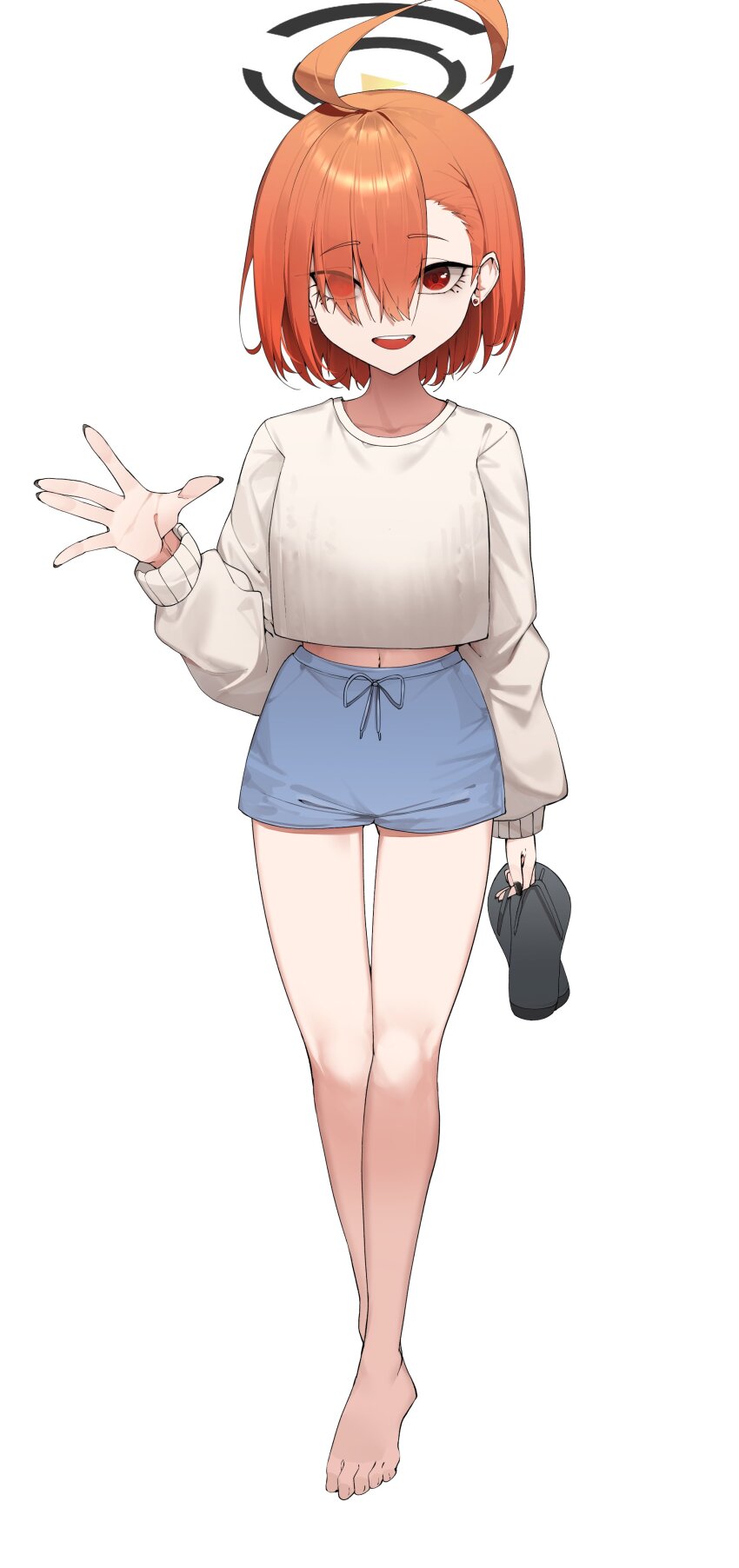 1girl absurdres ahoge alternate_costume alternate_hairstyle barefoot black_footwear black_nails blue_archive blue_shorts chirpy cropped_sweater earrings feet flip-flops halo highres jewelry nail_polish navel neru_(blue_archive) orange_hair red_eyes sandals short_hair shorts simple_background smile solo straight-on straight_hair sweater white_background white_sweater