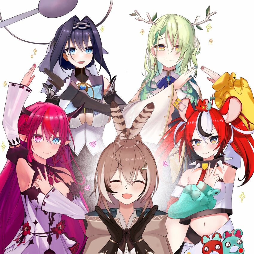 5girls :d ahoge antlers arm_up black_gloves blue_eyes blue_hair blue_ribbon braid braided_bangs brown_capelet brown_cloak brown_corset brown_hair capelet ceres_fauna ceres_fauna_(1st_costume) chain chain_headband cloak closed_eyes clothing_cutout collar corset crossed_bangs demon_horns detached_sleeves dress feather_hair_ornament feathers flower gloves green_hair hair_between_eyes hair_flower hair_intakes hair_ornament hair_over_one_eye hairclip hakos_baelz hakos_baelz_(1st_costume) halo heterochromia highres holocouncil hololive hololive_english horns irys_(hololive) irys_(irys_2.0)_(hololive) long_hair looking_at_viewer mechanical_halo mousetrap mr._squeaks_(hakos_baelz) multiple_girls nanashi_mumei nanashi_mumei_(1st_costume) open_mouth ouro_kronii ouro_kronii_(1st_costume) pink_nails ponytail purple_eyes purple_hair red_flower red_hair ribbon shirt smile sparkle spiked_collar spikes tree_horns turtleneck twintails underboob_cutout unmeidesu very_long_hair virtual_youtuber white_dress white_shirt wide_sleeves yellow_eyes