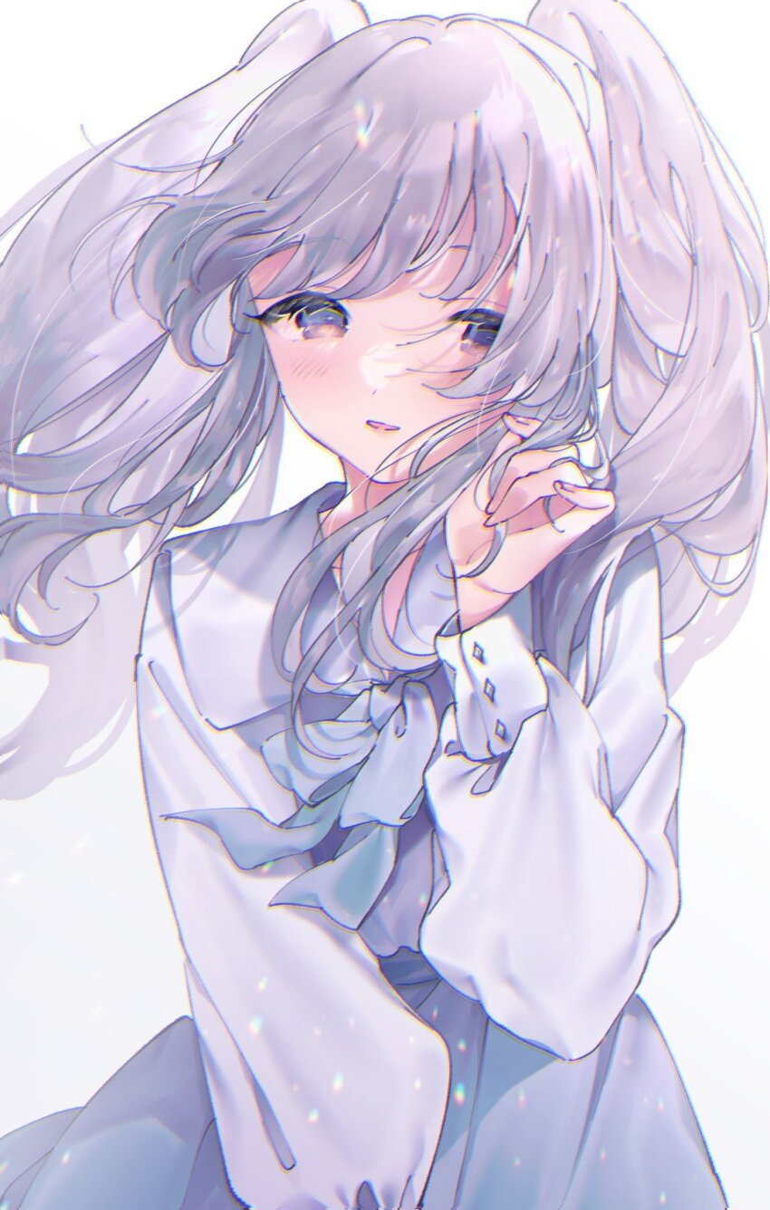 1girl blush dress fingernails grey_dress grey_hair highres idolmaster idolmaster_shiny_colors long_hair long_sleeves looking_at_viewer murmur_cucu neck_ribbon purple_eyes ribbon shirt simple_background smile solo twintails very_long_hair white_background white_shirt yukoku_kiriko