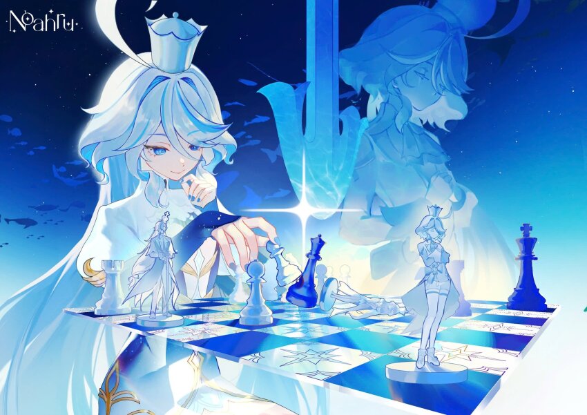 1girl animal artist_name blue_eyes blue_hair blue_nails chess_piece commentary cowlick crown dress drop-shaped_pupils english_commentary fingernails fish furina_(genshin_impact) genshin_impact hair_intakes heterochromia highres king_(chess) light_blue_hair long_hair long_sleeves multicolored_hair nail_polish neuvillette_(genshin_impact) queen_(chess) silhouette sky sleeves_past_wrists star_(sky) starry_sky symbol-shaped_pupils turtleneck turtleneck_dress two-tone_hair very_long_hair whale white_hair xnoahru