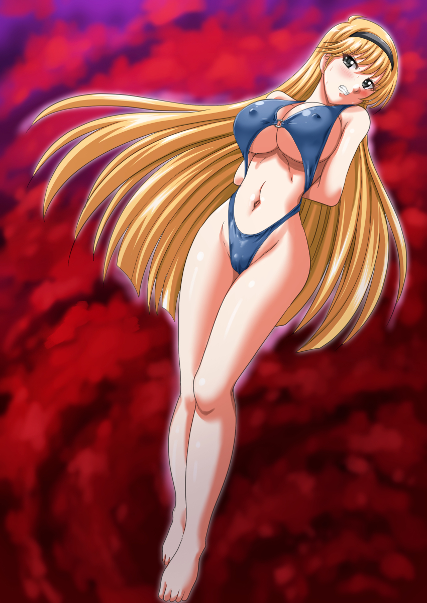 absurdres arms_behind_back bare_legs black_eyes black_hairband blonde_hair blue_one-piece_swimsuit breasts casual_one-piece_swimsuit clenched_teeth clothing_cutout commission full_body hairband highleg highleg_one-piece_swimsuit highres jigoku_sensei_nube large_breasts long_hair minako_(jigoku_sensei_nube) nao_takami navel_cutout one-piece_swimsuit skeb_commission swimsuit teeth underboob