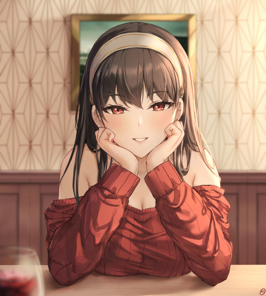 1girl bare_shoulders black_hair blurry blurry_foreground blush breasts cleavage cup drinking_glass envyvanity hairband head_rest highres large_breasts long_hair long_sleeves looking_at_viewer off-shoulder_sweater off_shoulder painting_(object) parted_lips red_eyes red_sweater sitting smile solo spy_x_family staring sweater upper_body white_hairband wine_glass yor_briar