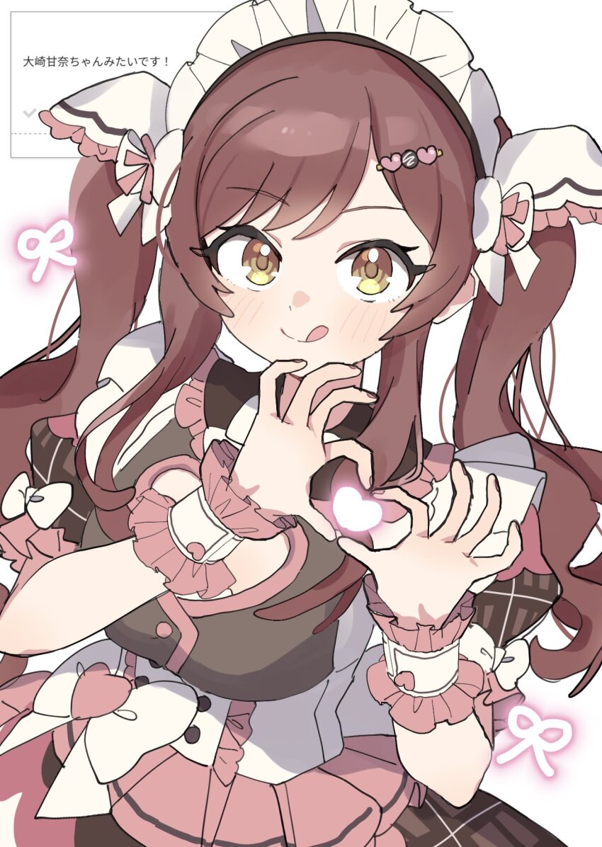 1girl :q blush breasts brown_hair cleavage_cutout clothing_cutout dot_nose eyelashes finger_heart hair_ornament hair_over_shoulder hair_ribbon highres idolmaster idolmaster_shiny_colors idolmaster_shiny_colors_song_for_prism large_breasts long_hair looking_at_viewer maid_headdress osaki_amana parted_bangs pnt_0202 puffy_short_sleeves puffy_sleeves ribbon short_sleeves sidelocks simple_background solo tongue tongue_out twintails upper_body very_long_hair white_background white_ribbon wrist_cuffs yellow_eyes