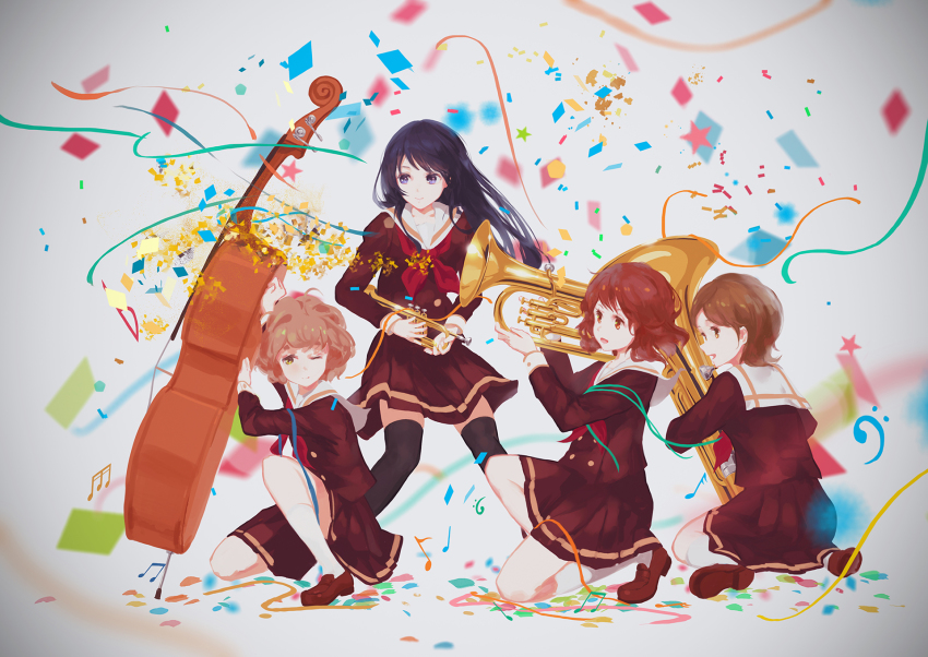 10s 4girls black_hair brown_hair double_bass euphonium hibike!_euphonium highres instrument jq katou_hazuki kawashima_sapphire kousaka_reina long_hair multiple_girls neckerchief oumae_kumiko red_neckerchief school_uniform serafuku short_hair trumpet tuba