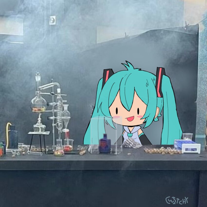 1girl aqua_hair black_sleeves blush_stickers chemistry chibi commentary cwitchy detached_sleeves english_commentary glasgow_willy_wonka_experience grey_shirt hair_ornament hatsune_miku highres indoors long_hair long_sleeves meme open_mouth photo_background shirt smile solo table twintails upper_body vocaloid