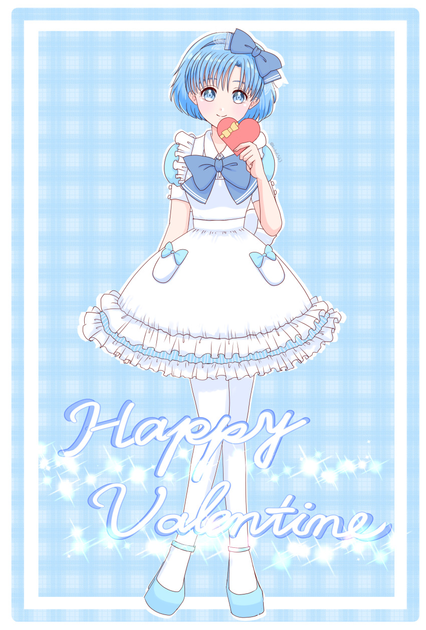 1girl absurdres alternate_costume apron bishoujo_senshi_sailor_moon blue_dress blue_eyes blue_footwear blue_hair bow box box_of_chocolates dress enmaided frilled_thighhighs frills hair_bow happy_valentine high_heels highres kuroasa24 maid mizuno_ami short_hair swept_bangs thighhighs valentine white_thighhighs