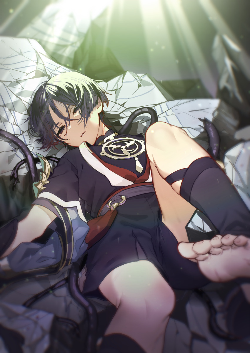 1boy barefoot black_eyes black_hair black_shirt black_shorts blurry buku2_suisou cable depth_of_field empty_eyes eyelashes genshin_impact highres looking_at_viewer lying male_focus on_back rubble scaramouche_(genshin_impact) shirt short_hair shorts solo sunlight toenails