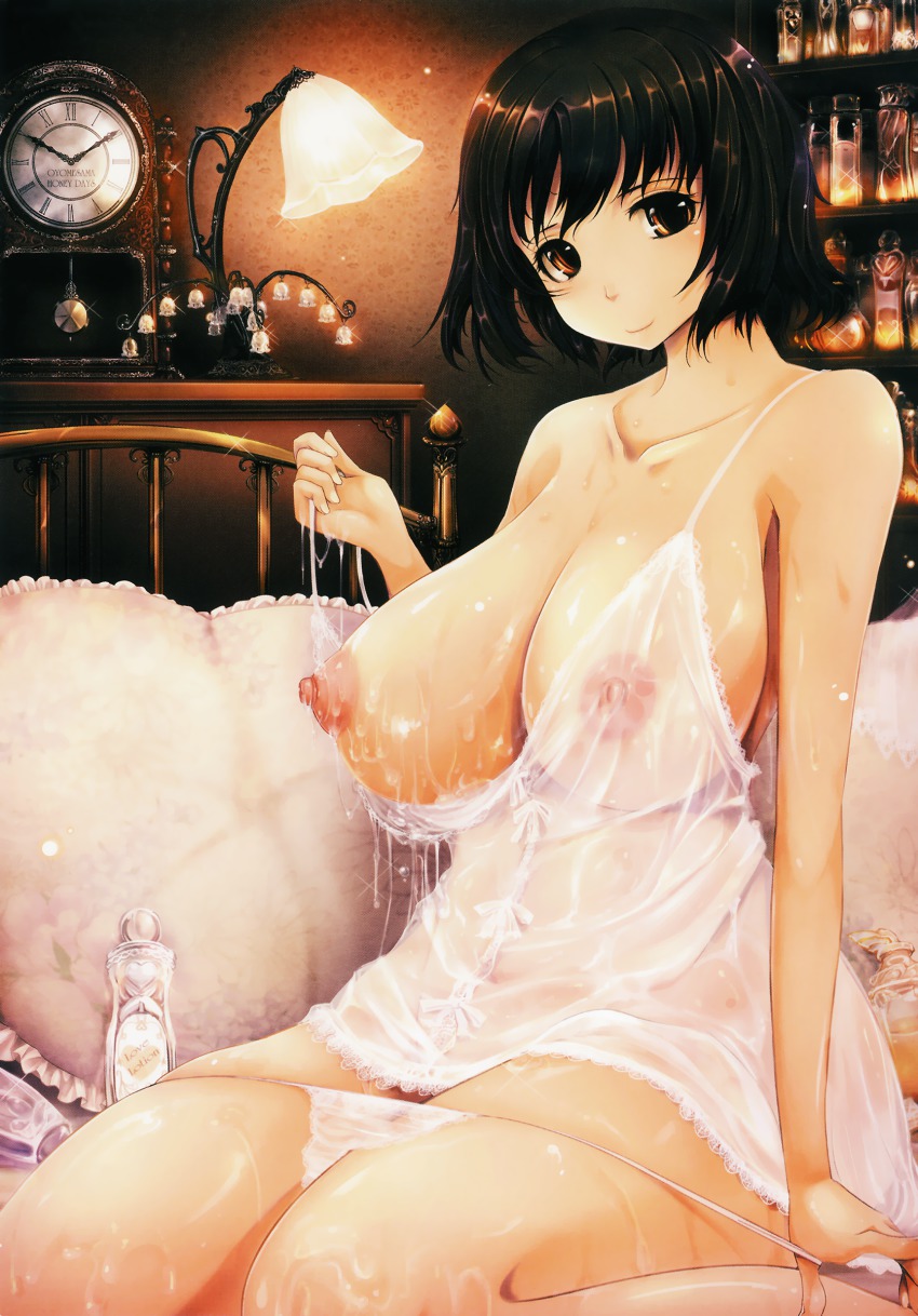 1girl absurdres black_hair breasts camisole cleavage female_focus highres huge_breasts kneeling lace large_breasts lingerie looking_at_viewer navel nipples panties panty_pull puffy_nipples see-through_clothes short_hair sitting smile solo tana_(garyuh-chitai) thick_thighs thighs underwear wide_hips