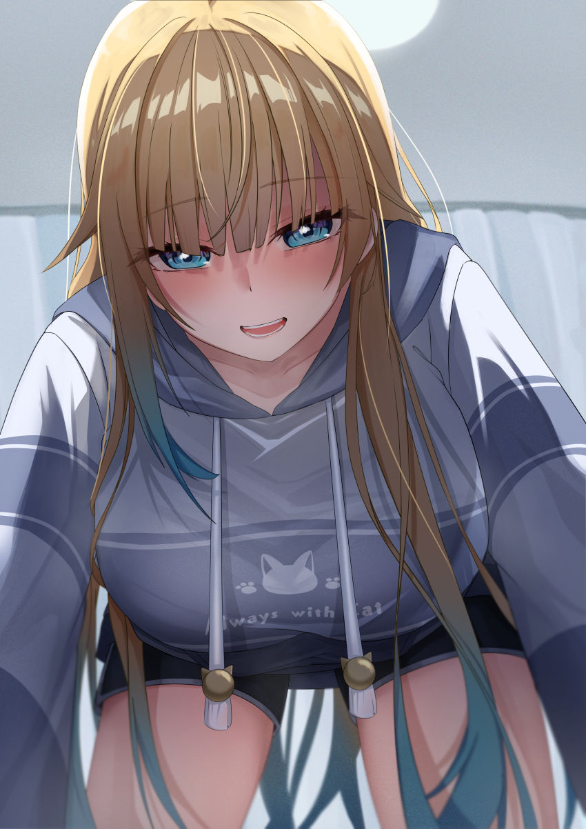 1girl absurdres aizawa_ema aizawa_ema_(4th_costume) all_fours aqua_hair blonde_hair blue_eyes blunt_bangs blush breasts clip_studio_paint_(medium) clothes_writing dolphin_shorts drawstring gradient_hair grey_hoodie hanatsuki_kia highres hood hoodie indoors large_breasts long_hair looking_at_viewer multicolored_hair nose_blush open_mouth pov short_shorts shorts smile solo striped_clothes striped_hoodie very_long_hair virtual_youtuber vspo! yukadon yukadon_on_viewer