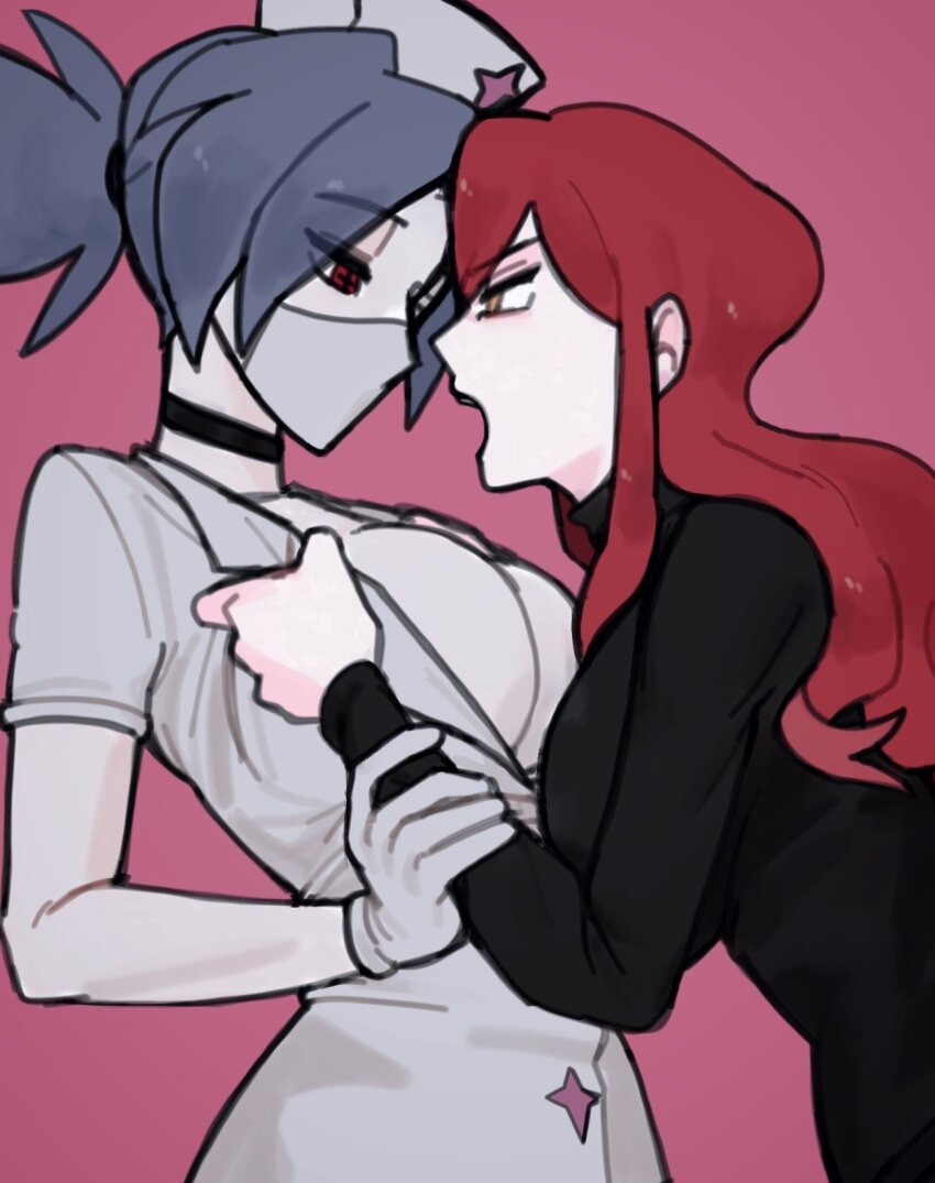 2girls ayaanalien02 blue_hair breasts choker cleavage clothes_pull gloves hat highres large_breasts latex latex_gloves long_hair looking_at_another mask mouth_mask multiple_girls nurse_cap open_mouth parasoul_(skullgirls) pink_background ponytail red_eyes red_hair shirt_pull skullgirls surgical_mask upper_body valentine_(skullgirls) yellow_eyes