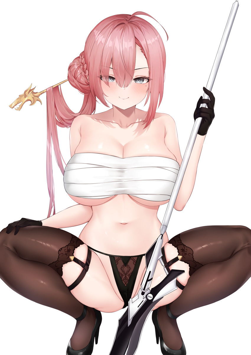 1girl absurdres bare_shoulders black_gloves black_panties black_shoes breasts bun_with_braided_base cameltoe chest_sarashi ciel_marronier closed_mouth collarbone counter:side deogho_(liujinzy9854) gloves grey_eyes hair_between_eyes hair_ornament hair_stick hand_on_own_thigh high_heels highres holding holding_polearm holding_weapon large_breasts long_hair mole mole_under_eye navel panties pink_hair polearm sarashi shadow shoes smile solo squatting underwear weapon