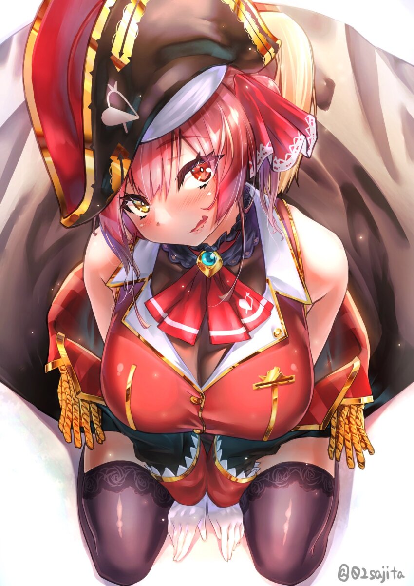 02sajita 1girl ascot black_socks blue_gemstone blush breasts gem gloves hat heart heart_print heterochromia highres houshou_marine kneehighs kneeling large_breasts pirate_costume pirate_hat red_ascot red_eyes red_hair red_shirt shirt sleeveless socks virtual_youtuber white_gloves yellow_eyes