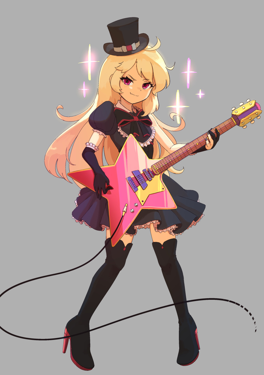 1girl absurdres adapted_costume black_footwear black_gloves black_hat blonde_hair boots closed_mouth dress elbow_gloves electric_guitar full_body gloves grey_background guitar hat high_heel_boots high_heels highres instrument original pink_eyes princess_(terraria) puffy_short_sleeves puffy_sleeves short_dress short_sleeves simple_background smile solo sparkle suweeka terraria thighhighs top_hat zettai_ryouiki