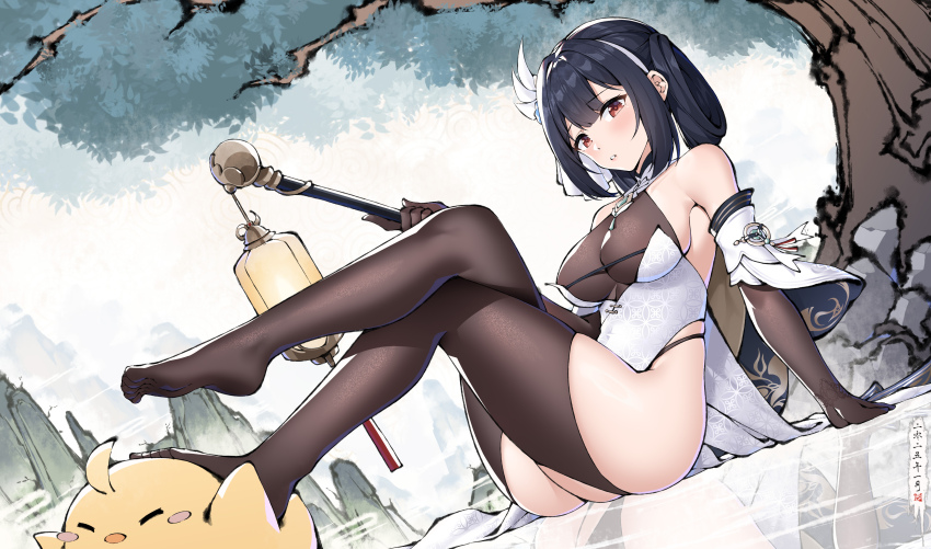 1girl absurdres azur_lane bare_shoulders black_hair bodystocking breasts brown_gloves chen_hai_(azur_lane) chen_hai_(retrofit)_(azur_lane) chinese_commentary commentary_request crossed_legs dress elbow_gloves full_body gloves highres holding jfzm001 long_hair looking_at_viewer manjuu_(azur_lane) medium_breasts red_eyes sitting solo taut_clothes taut_dress