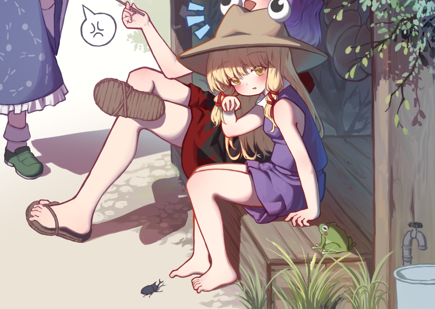 3girls absurdres anger_vein bare_legs barefoot blonde_hair bug cicada frog hat hercules_beetle highres insect kochiya_sanae legs long_hair moriya_suwako multiple_girls outdoors purple_skirt purple_vest rangque_(user_vjjs4748) sandals sitting skirt sleeveless spoken_anger_vein toes touhou vest yasaka_kanako zouri