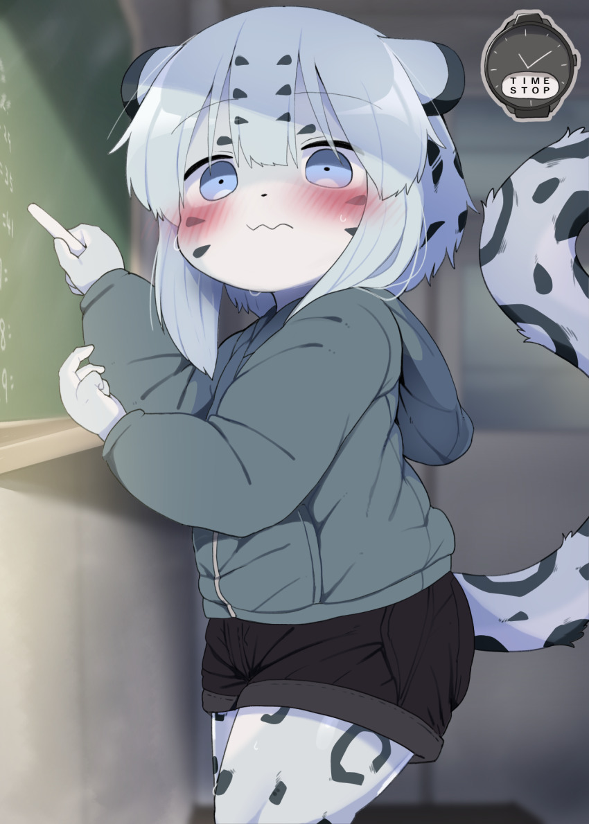 1girl black_shorts blue_eyes blue_hair blurry blurry_background closed_mouth commentary dagashi_(daga2626) english_commentary furry furry_female green_jacket highres jacket long_sleeves looking_at_viewer original short_hair shorts snow_leopard_ears snow_leopard_girl snow_leopard_tail solo standing time_stop yuki-chan_(dagasi)