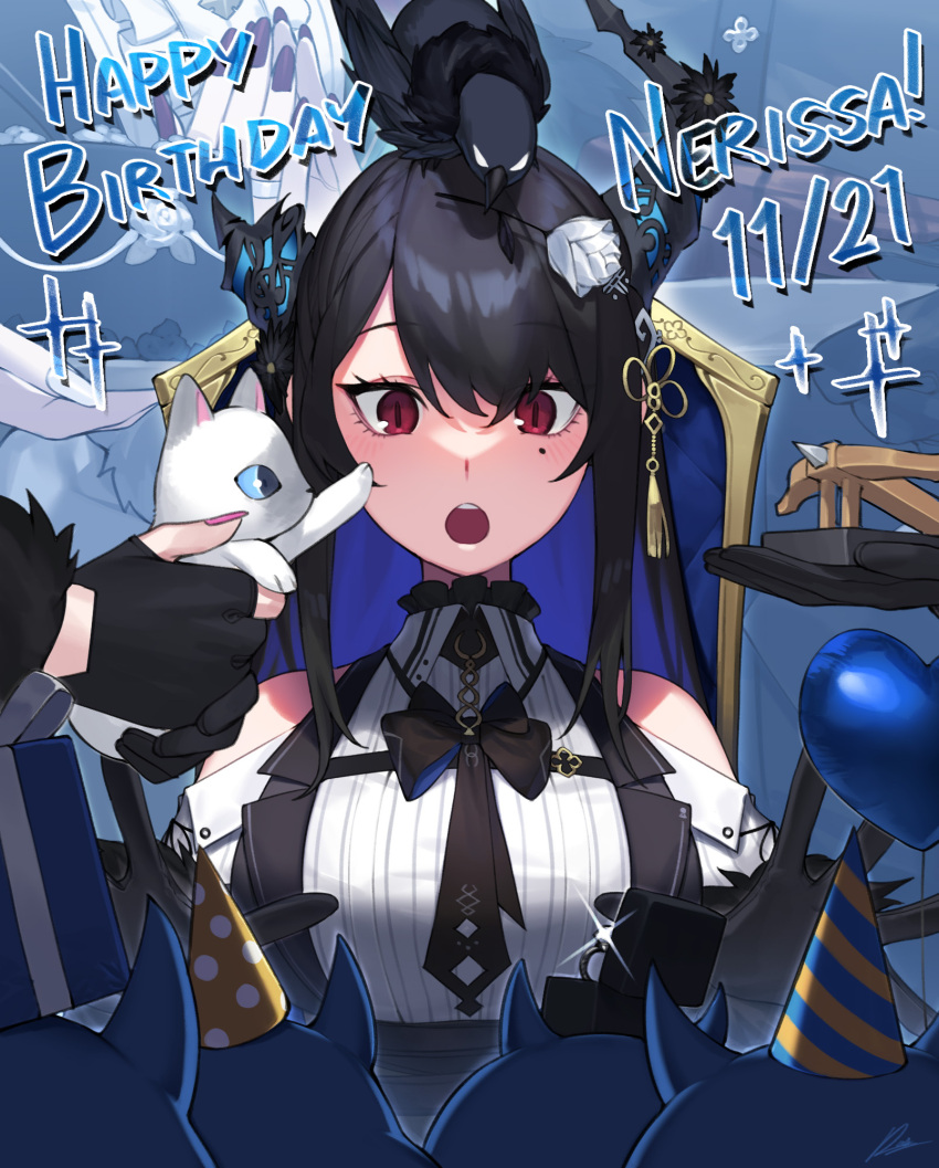 :o animal asymmetrical_horns black_gloves black_hair blue_hair breasts cat colored_inner_hair dasdokter dated demon_horns flower gift gloves hair_ornament happy_birthday highres holding hololive hololive_english horn_flower horns jailbird_(nerissa_ravencroft) jewelry kitten large_breasts long_hair mole mole_under_eye multicolored_hair multiple_girls nerissa_ravencroft nerissa_ravencroft_(1st_costume) open_mouth partially_fingerless_gloves red_eyes ring shadow_(nerissa_ravencroft) tassel tassel_hair_ornament teeth two-tone_hair uneven_horns upper_teeth_only virtual_youtuber wedding_ring