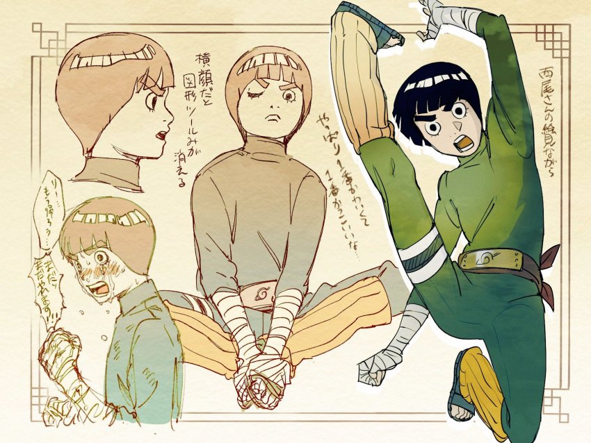 1boy bandaged_arm bandaged_hand bandages belt black_hair blunt_bangs blunt_ends blush bodysuit bowl_cut character_sheet clenched_hand crying fighting_stance full_body green_bodysuit highres indian_style kicking leg_warmers long_sleeves lower_teeth_only male_focus mochi_mochi_island multiple_views naruto_(series) one_eye_closed open_mouth profile rock_lee sandals short_hair sitting tears teeth thick_eyebrows thigh_strap turtleneck upper_teeth_only wide-eyed