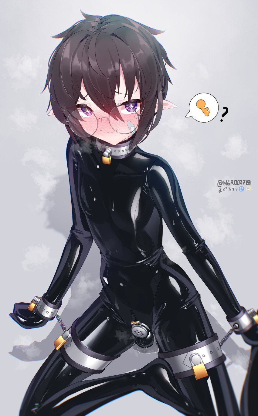 1boy absurdres bdsm bodysuit borrowed_character brown_hair chastity_cage collar flat_chastity_cage glasses highres latex latex_bodysuit maguro27 original pointy_ears precum purple_eyes restrained short_hair shota sitting skin_tight trap