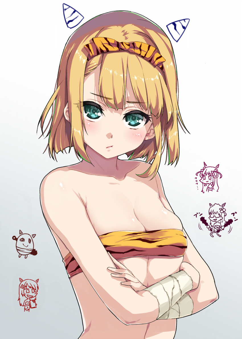 22/7 animal_print blonde_hair breasts cleavage closed_mouth collarbone crossed_arms green_eyes hair_ribbon hairband highres kisairo_kaede looking_at_viewer maruyama_akane oni ribbon saito_nicole sato_reika short_hair solo_focus tachikawa_ayaka tiger_print upper_body white_background