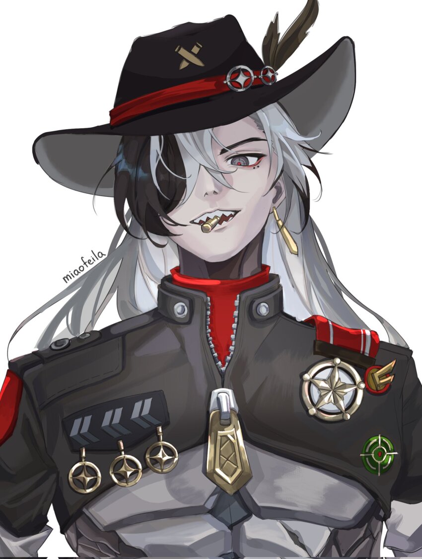 1boy black_hair black_hat black_shrug boothill_(honkai:_star_rail) bullet bullet_in_mouth commentary cyborg earrings english_commentary hair_between_eyes hair_over_one_eye hat highres honkai:_star_rail honkai_(series) jewelry long_hair looking_to_the_side male_focus medal multicolored_eyes multicolored_hair neko_army one_eye_covered parted_lips partially_unzipped piercing plume sharp_teeth shrug_(clothing) sideways_glance simple_background single_earring solo teeth very_long_hair white_background white_hair wide_brim zipper