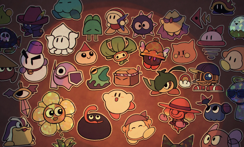 bandana_waddle_dee black_eyes blush_stickers bronto_burt brown_background character_request chilly_(kirby) clown_acrobot flat_color gooey_(kirby) highres kirby kirby_(series) long_tongue mario_(series) nintendo no_humans open_mouth outline paper_mario parody scarfy smile solid_oval_eyes spotlight style_parody suyasuyabi tongue waddle_dee white_outline