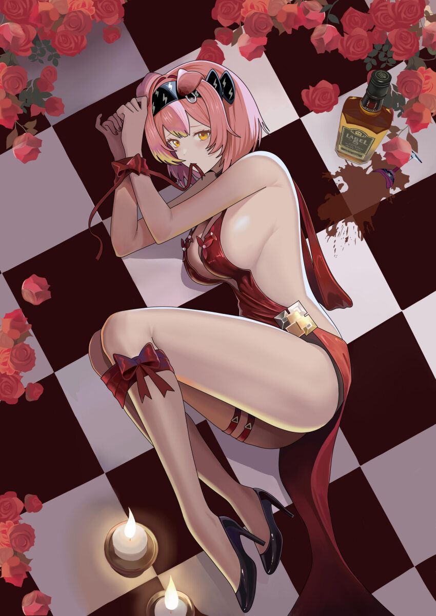 1girl absurdres alcohol arknights black_hairband bound bound_wrists breasts broken_glass candle checkered_floor dress flower glass goldenglow_(arknights) hairband high_heels highres large_breasts lying no_tail on_side pink_hair red_dress red_flower red_nails red_ribbon red_rose ribbon ribbon_bondage rose shibanme_tekikumo whiskey yellow_eyes