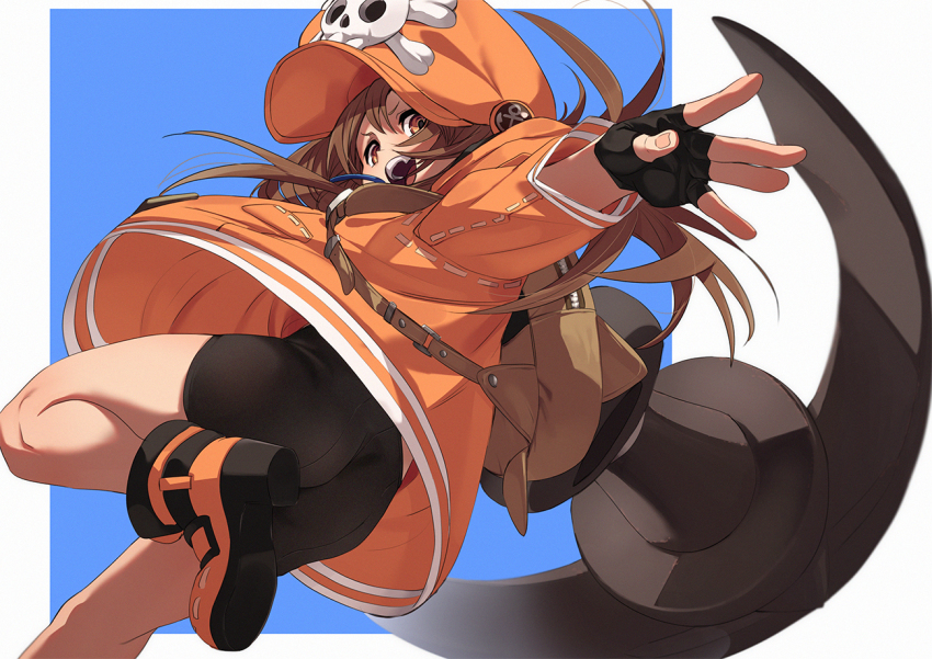 1girl :d anchor bike_shorts black_gloves blue_background boots brown_eyes brown_hair commentary_request fingerless_gloves fu-ta gloves guilty_gear guilty_gear_strive hat jacket long_hair looking_at_viewer may_(guilty_gear) open_mouth orange_footwear orange_hat orange_jacket shoes smile solo teeth two-tone_background white_background