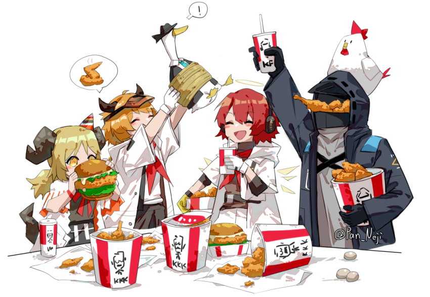 1other 3girls :d ambiguous_gender arknights arm_up asymmetrical_gloves bird blonde_hair bound bucket_of_chicken burger chicken chicken_(food) chicken_wing closed_eyes commentary_request croissant_(arknights) croissant_(seven_am)_(arknights) cup demon_girl demon_horns detached_wings disposable_cup doctor_(arknights) drink drinking_straw duck_lord_(arknights) eating exusiai_(arknights) exusiai_(city_rider)_(arknights) food gloves halo hat headphones holding holding_burger holding_drink holding_food hood hood_up horns ifrit_(arknights) ifrit_(children&#039;s_party)_(arknights) kfc long_hair mismatched_gloves multiple_girls neckerchief nejikyuu official_alternate_costume open_mouth party_hat red_hair red_neckerchief simple_background smile spoken_food table tied_up_(nonsexual) twitter_username visor_cap white_background white_gloves wings yellow_gloves