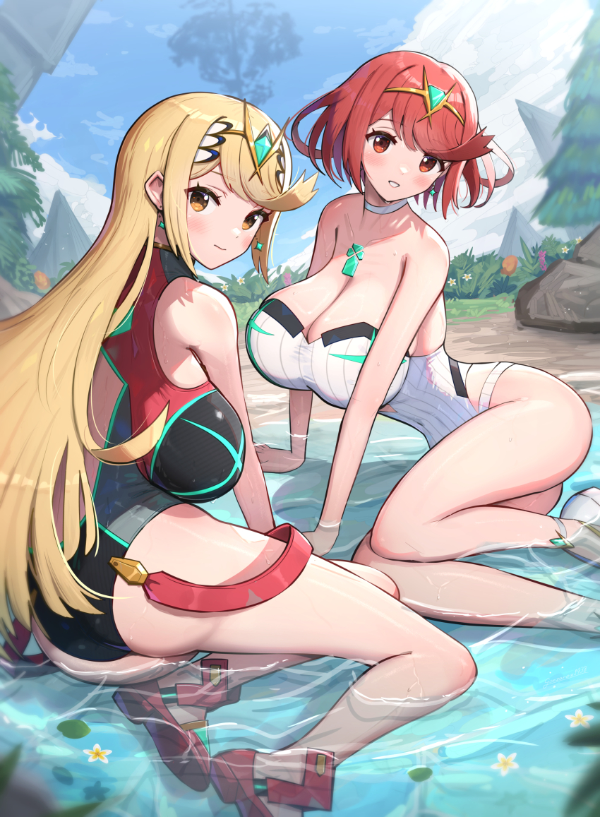 2girls absurdres ass bare_shoulders blonde_hair breasts chest_jewel cleavage cosplay costume_switch from_behind gonzarez grin highleg highleg_one-piece_swimsuit highres huge_breasts long_hair looking_at_viewer looking_back medium_hair multiple_girls mythra_(xenoblade) one-piece_swimsuit outdoors pyra_(xenoblade) red_eyes red_hair ribbed_swimsuit sandals sideboob sitting smile strapless strapless_one-piece_swimsuit swimsuit tiara water xenoblade_chronicles_(series) xenoblade_chronicles_2 yellow_eyes