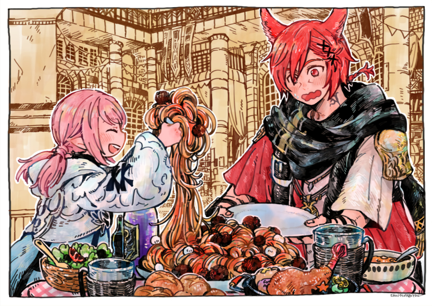 1boy 1girl :d animal_ears border braid cat_ears chicken_(food) commentary_request cup dated final_fantasy final_fantasy_xiv food fried_chicken g&#039;raha_tia hair_ornament hairclip holding holding_plate itowo_(itowc) lalafell meatball miqo&#039;te mug open_mouth pasta pink_hair plate red_eyes red_hair salad smile spaghetti spaghetti_and_meatballs warrior_of_light_(ff14) white_border wide-eyed x_hair_ornament