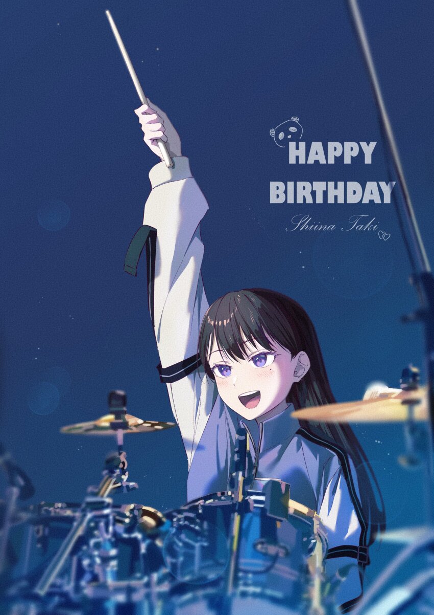 1girl absurdres arm_up bang_dream! bang_dream!_it&#039;s_mygo!!!!! blue_jacket blush character_name commentary_request drum drum_set drumsticks hair_behind_ear happy_birthday highres holding holding_drumsticks instrument jacket long_hair long_sleeves mitsuketa_keshiki_tazusaete mole mole_under_eye open_mouth purple_eyes raito_taisha shiina_taki solo teeth upper_teeth_only white_sleeves zipper