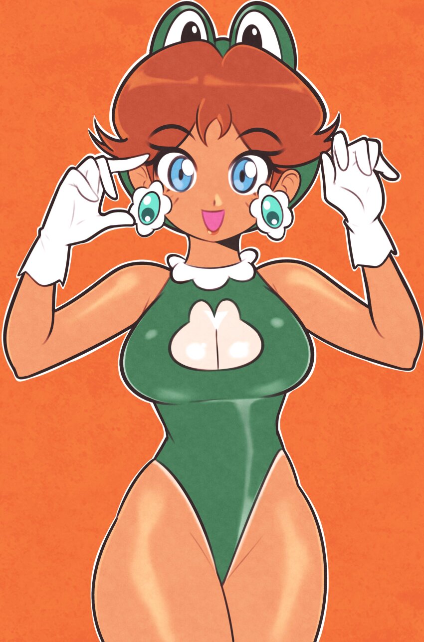 1girl absurdres blue_eyes breasts brown_hair dark-skinned_female dark_skin earrings flipped_hair flower_earrings frog_suit_(mario) gloves green_leotard highres jeff_miga jewelry leotard looking_at_viewer mario_(series) nintendo open_mouth princess_daisy solo white_gloves