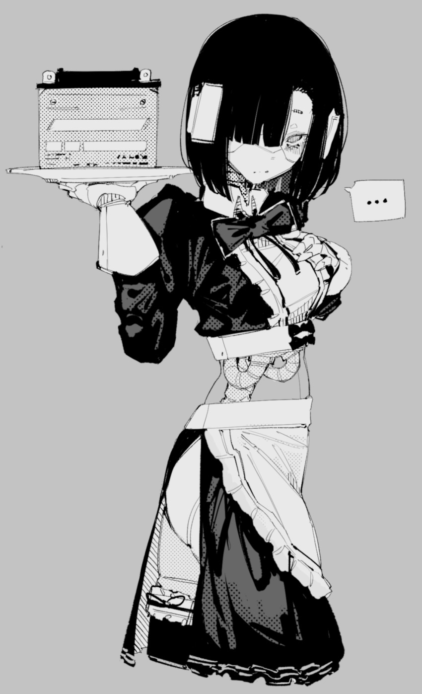 ... 10_4_(10f0ur) 1girl apron blunt_bangs closed_mouth greyscale hair_over_one_eye hands_up highres holding holding_tray looking_at_viewer monochrome original simple_background skirt solo split_mouth spoken_ellipsis tray