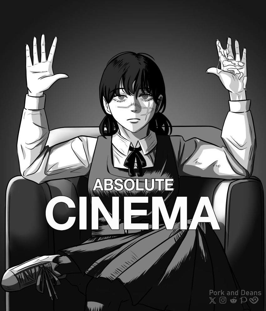 1girl absolute_cinema_(meme) absurdres artist_name belt black_hair bow bowtie chainsaw_man commentary couch crossed_legs cum cum_on_body cum_on_hands dress_shirt english_commentary english_text expressionless highres instagram_logo long_sleeves meme monochrome pixiv_logo porkanddeans reddit_logo scar school_uniform shirt sitting skirt solo twitter_x_logo yoru_(chainsaw_man)